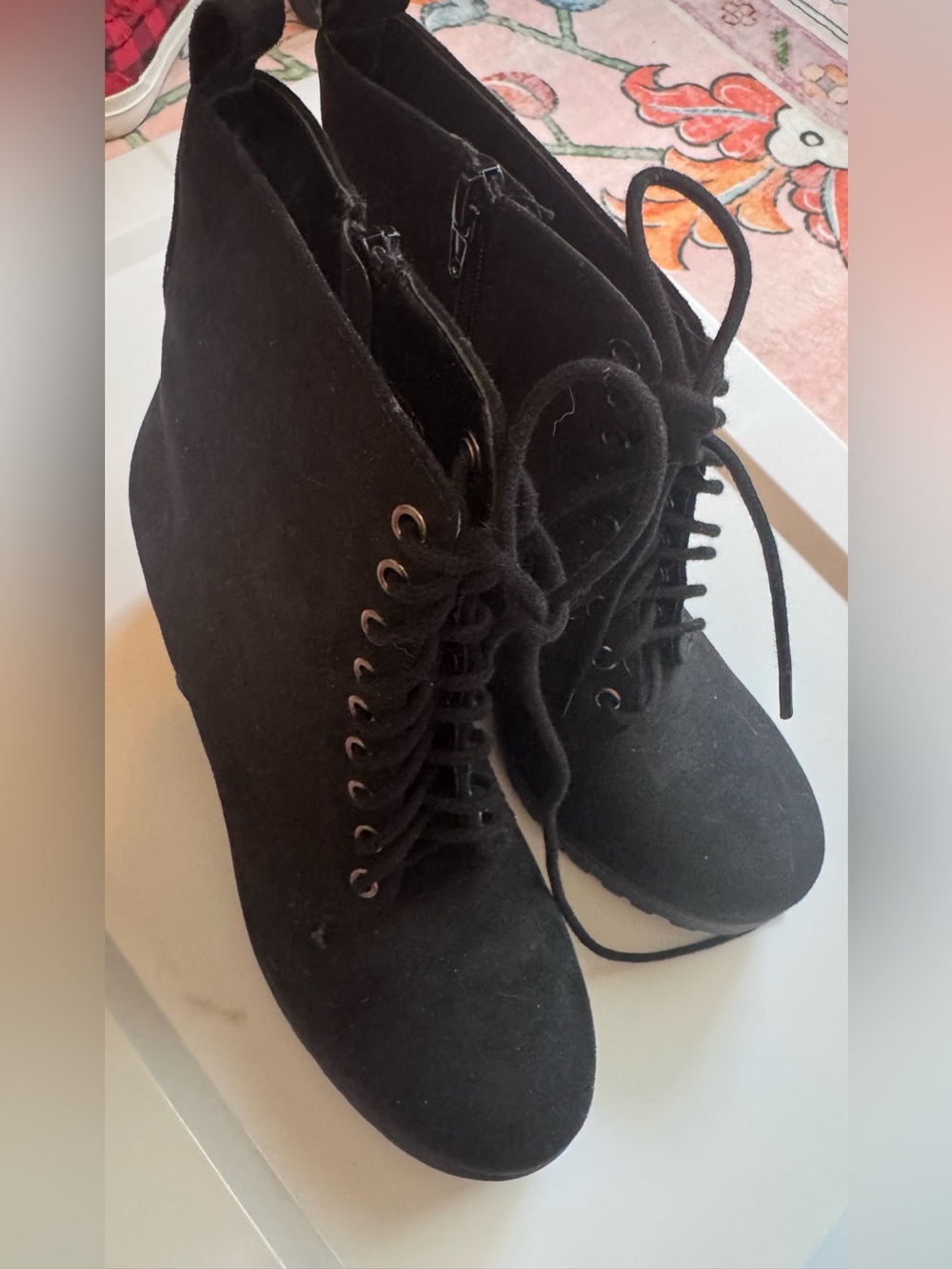 Soda Black Lace-Up Wedge Ankle Boots